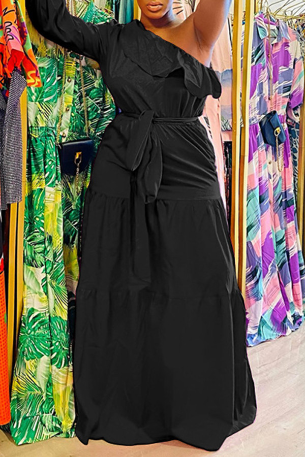 Robes à manches longues à col oblique et dos nu décontractées à la mode noire
