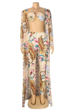 Apricot Sexy Print Patchwork Halter Long Sleeve Three Pieces