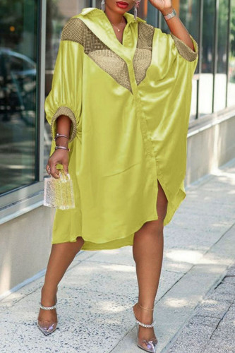 Желтое повседневное платье-рубашка в стиле пэчворк с принтом и отложным воротником Платья больших размеров