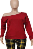 Red Casual Solid Hollowed Out Patchwork Asymmetrical Oblique Collar Tops