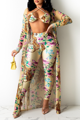 Apricot Sexy Print Patchwork Halter Long Sleeve Three Pieces