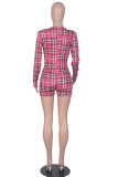 Pink Fashion Casual Plaid Patchwork V Neck Rompers