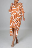 Orange Fashion Casual Print Basic Turndown Collar Long Sleeve Shirt Dress