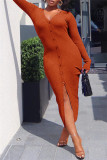 Оранжевые сексуальные повседневные однотонные платья с V-образным вырезом и длинным рукавом