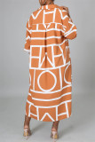 Robe chemise à manches longues à col rabattu et à la mode orange