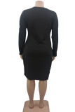 Black Sexy Solid Hollowed Out Patchwork O Neck One Step Skirt Plus Size Dresses