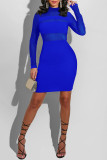 カラフルなブルーファッションセクシーなソリッドパッチワークOネックワンステップスカートドレス