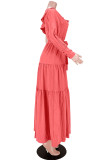 Pastèque Rouge Mode Casual Solide Dos Nu Oblique Col Manches Longues Robes