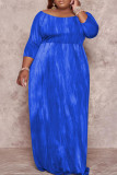 Синее модное повседневное длинное платье больших размеров с принтом и круглым вырезом