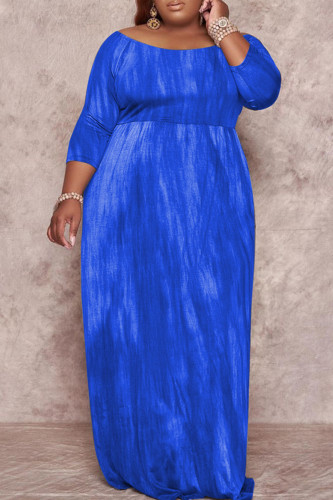ブルー ファッション カジュアル プラス サイズ プリント ベーシック O ネック ロング ドレス