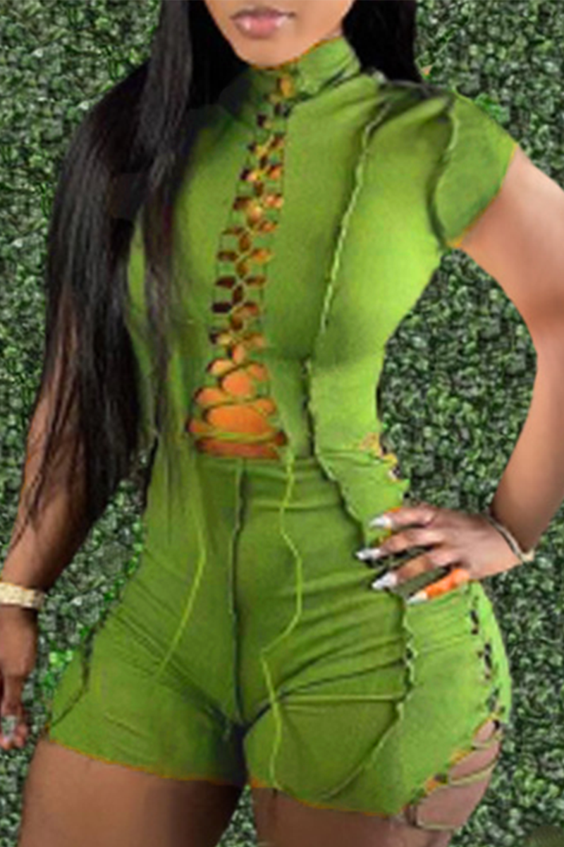 

Green Sexy Solid Hollowed Out Half A Turtleneck Plus Size Jumpsuits