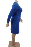 Azul Sexy Sólido Ahuecado Patchwork O Cuello Falda de un paso Vestidos de talla grande