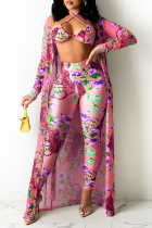 Pink Sexy Print Patchwork Halter Long Sleeve Three Pieces