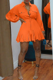 Оранжевые модные повседневные однотонные базовые платья с отложным воротником и длинными рукавами