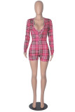 Rose Red Fashion Casual Plaid Patchwork V Neck Rompers