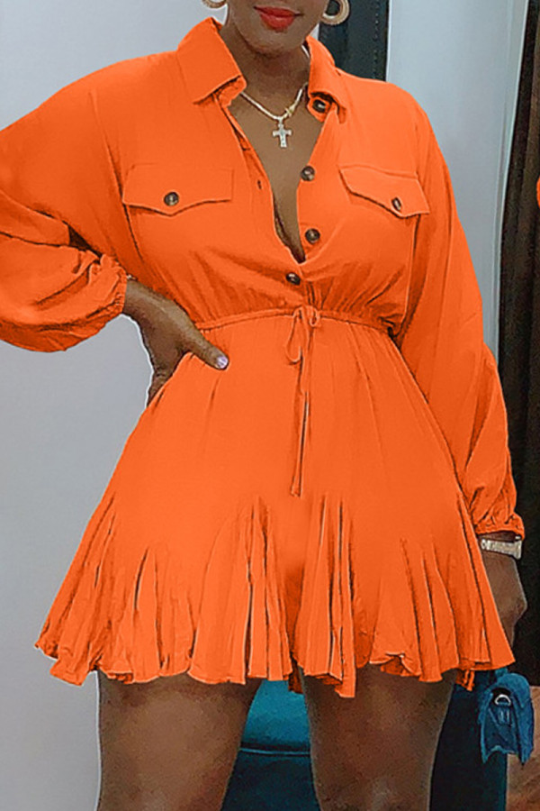 Naranja Moda Casual Sólido Básico Cuello vuelto Vestidos de manga larga