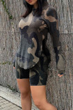 Black Casual Print Patchwork Asymmetrical Hooded Collar Long Sleeve Two Pieces
