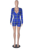 Colorful Blue Fashion Casual Plaid Patchwork V Neck Rompers