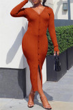 Оранжевые сексуальные повседневные однотонные платья с V-образным вырезом и длинным рукавом