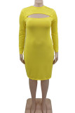 黄色のセクシーな固体くり抜きパッチワーク O ネック ワン ステップ スカート プラス サイズ ドレス
