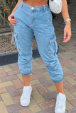 Mörkblå Fashion Street Solid Patchwork jeans med mid midja