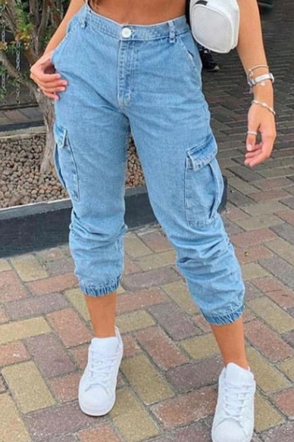 Babyblauwe mode-street effen denim jeans met patchwork en middelhoge taille