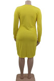Yellow Sexy Solid Hollowed Out Patchwork O Neck One Step Skirt Plus Size Dresses