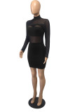 Black Fashion Sexy Solid Patchwork O Neck One Step Skirt Dresses