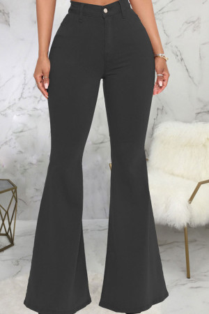 Black Fashion Street Solid High Waist Flare Leg Denim Jeans