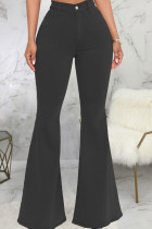Calça jeans de cintura alta preta fashion street sólida