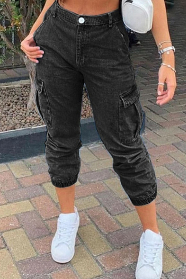 Svart Fashion Street Solid Patchwork jeans med mid midja