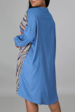 Baby Blue Fashion Casual Geometric Patchwork O Neck A Line Dresses