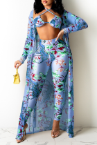 Blue Sexy Print Patchwork Halter Long Sleeve Three Pieces