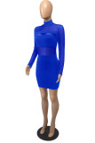 Colorful Blue Fashion Sexy Solid Patchwork O Neck One Step Skirt Dresses
