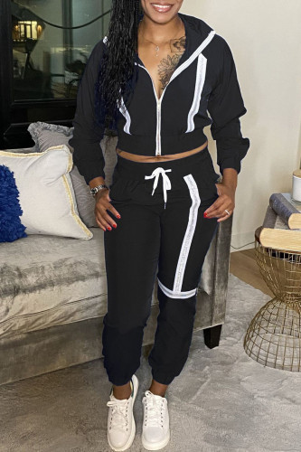 Black Fashion Casual Patchwork Zipper Hooded Collar Long Sleeve Two Pieces