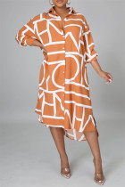 Оранжевое модное повседневное платье-рубашка с отложным воротником и длинным рукавом с принтом