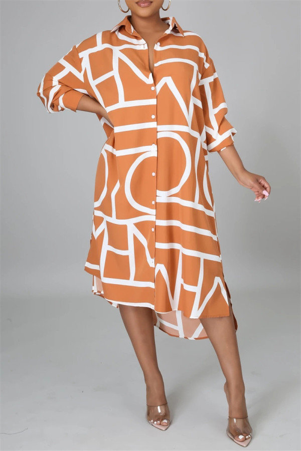 Оранжевое модное повседневное платье-рубашка с отложным воротником и длинным рукавом с принтом
