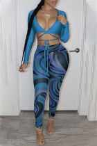 Paon bleu mode sexy imprimé patchwork col en V manches longues deux pièces