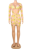 Yellow Sexy Print Patchwork V Neck Long Sleeve Two Pieces