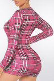 Pink Fashion Casual Plaid Patchwork V Neck Rompers