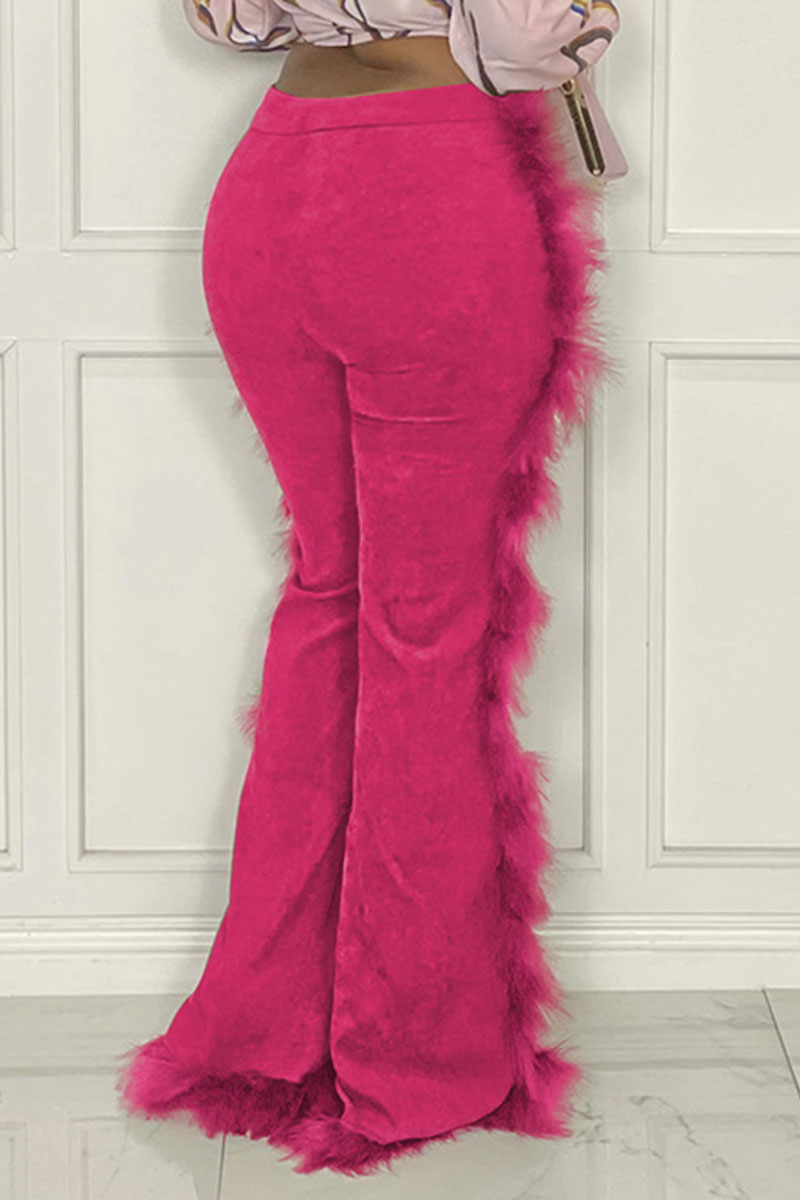 

Rose Red Fashion Solid Split Joint Feathers Boot Cut High Waist Speaker Solid Color Bottoms