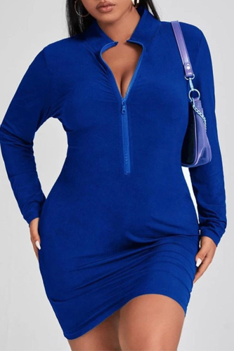 Deep Blue Sexy Solid Patchwork Zipper Collar Pencil Skirt Plus Size Dresses