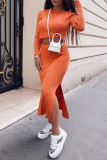 Orange Fashion Street Solid Slit O Neck Långärmad Två delar