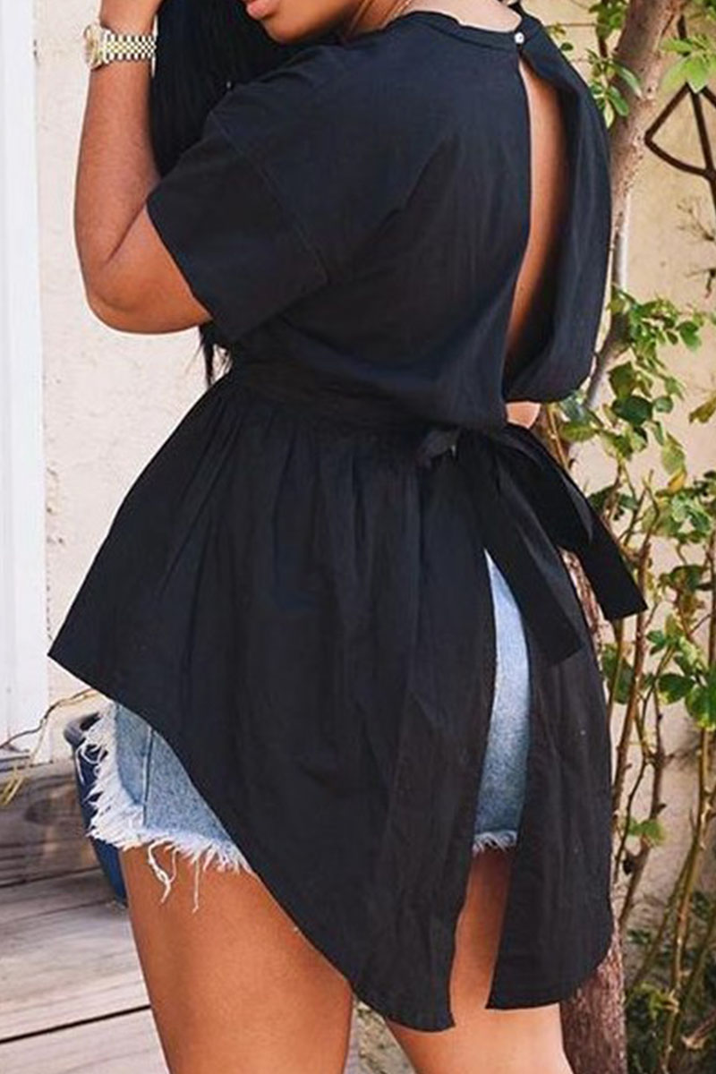 

Black Fashion Street Solid Backless O Neck Tops