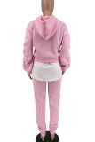 Pink Casual Solid Patchwork Fold Asymmetrical Hooded Collar Long Sleeve Two Pieces