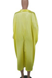 イエローカジュアルプリントパッチワークバックルターンダウンカラーシャツドレスプラスサイズのドレス