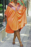 Tangerine Casual Print Patchwork Buckle Turndown Collar Shirt Dress Plus Size Dresses