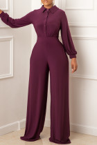 Purple Fashion Casual Solid Patchwork Turndown Collar Regular Jumpsuits