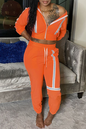 Orange Fashion Casual Patchwork Zipper Hooded Collar Long Sleeve Two Pieces
