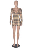 Yellow Fashion Casual Plaid Patchwork V Neck Rompers